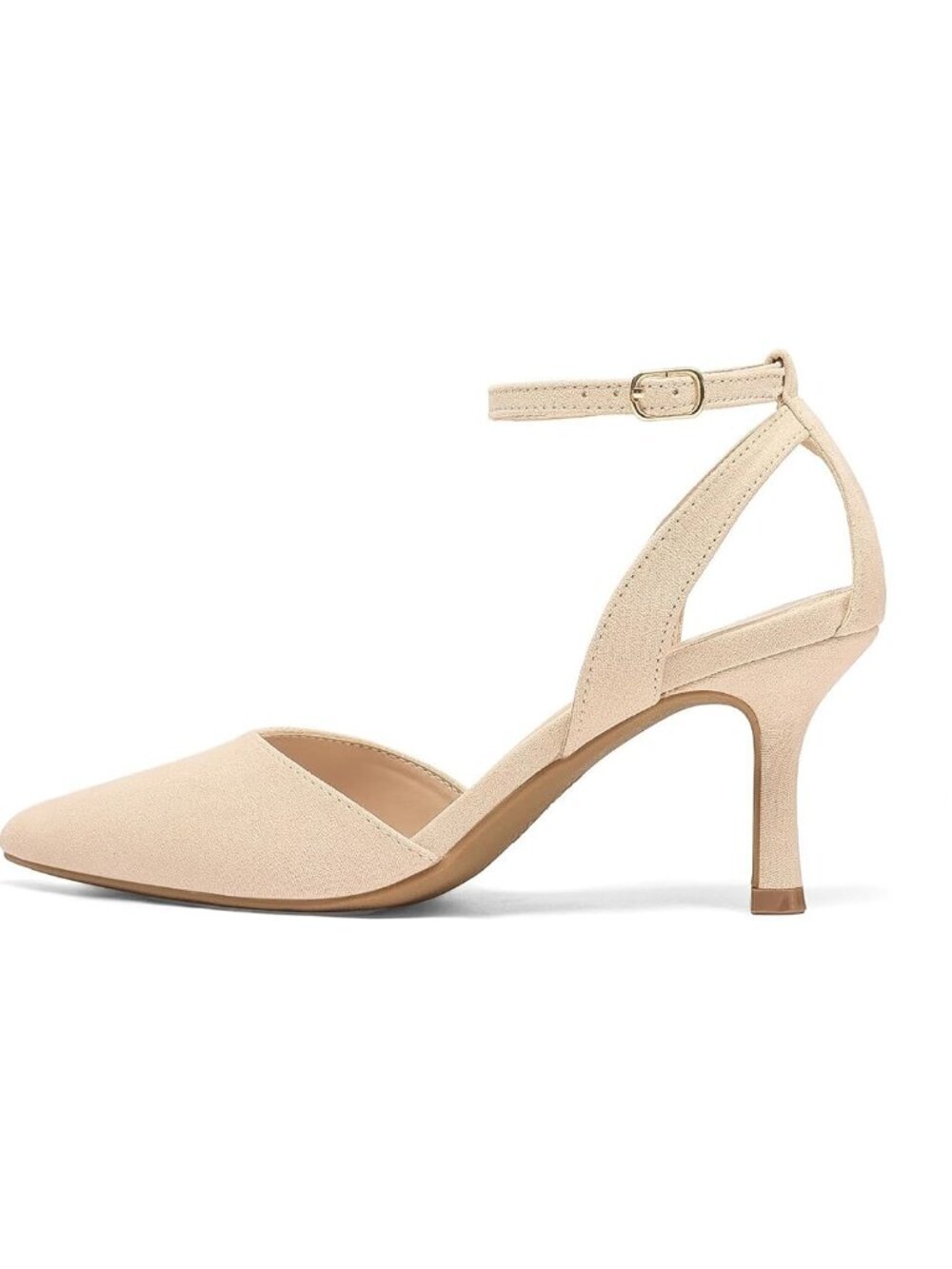 Women's Nude Suede Pumps Shoes Pointed Toe Kitten Low Heels Ankle Strap
